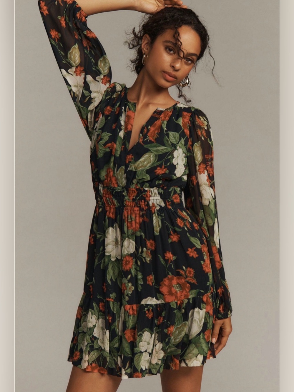 Anthropologie Somerset Floral Long-Sleeve Smocked Mini Dress
